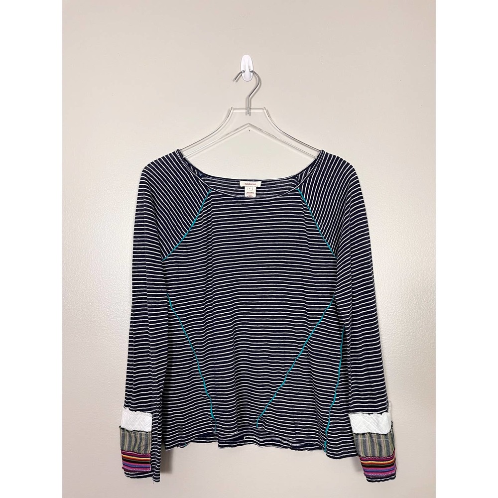 Sundance 100% Linen Navy Blue Striped Long Sleeve Patch Sleeve Shirt Large